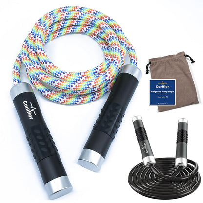 Weighted Jump Rope, 1LB Tangle-Free Ball Bearing Rapid Speed Skipping Rope for Men Women, Adjustable 9mm Cotton & PVC Rope with Alum Handle for Boxing MMA Weight-Loss Athletic Workout Fitness