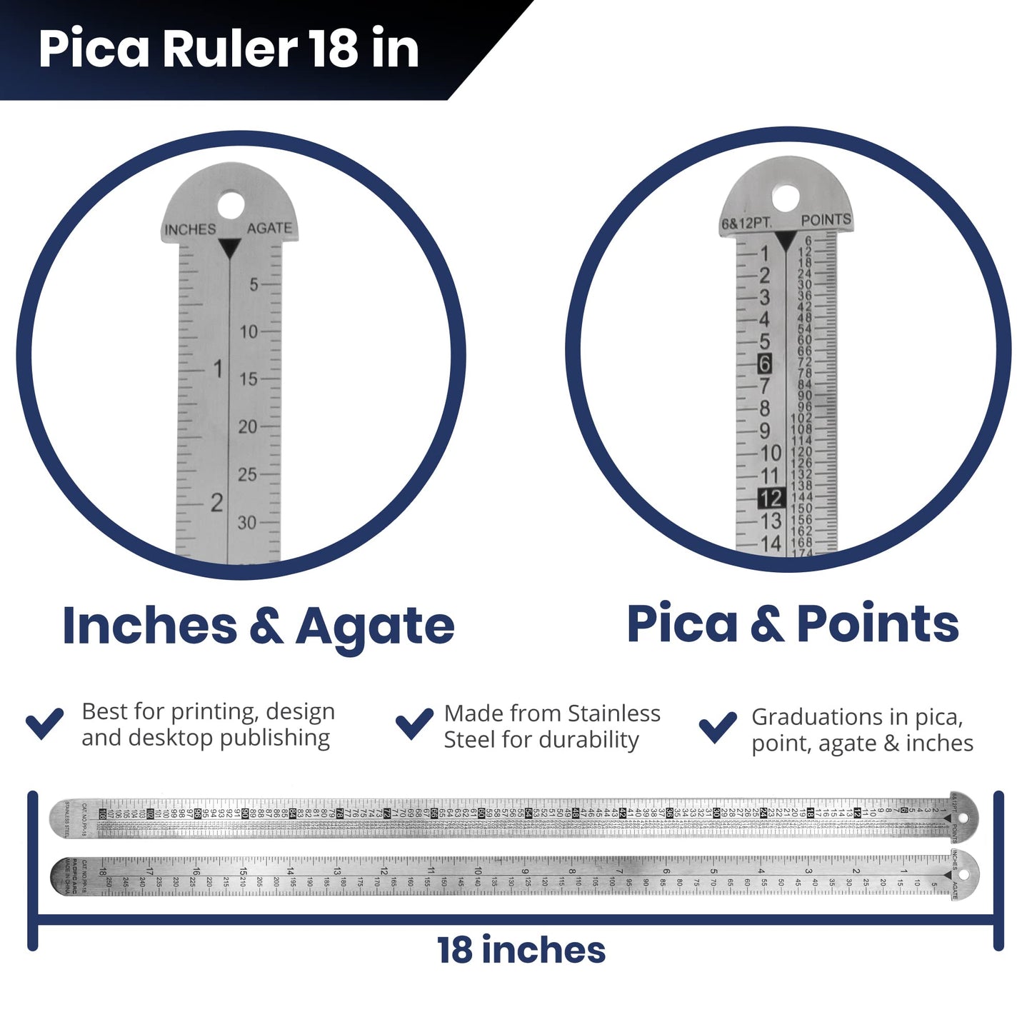 Pacific Arc 18 inch Pica Pole Metal Ruler, with Pica, Points, Inches, and Agate Measurements, Stainless Steel Ruler for Drafting