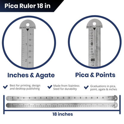 Pacific Arc 18 inch Pica Pole Metal Ruler, with Pica, Points, Inches, and Agate Measurements, Stainless Steel Ruler for Drafting