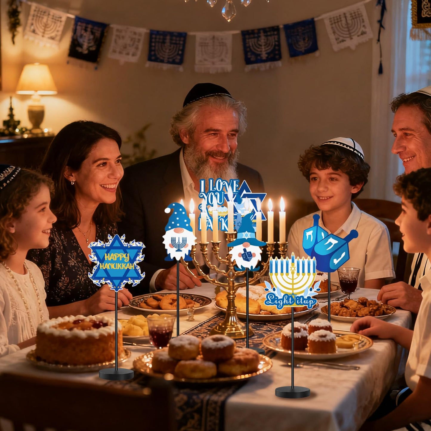 6Pcs Hanukkah Table Decorations Hanukkah Wood Table Sign Chanukkah Decor for Winter Chanukkah Home Indoor Centerpiece Menorah Dreidel Star of David