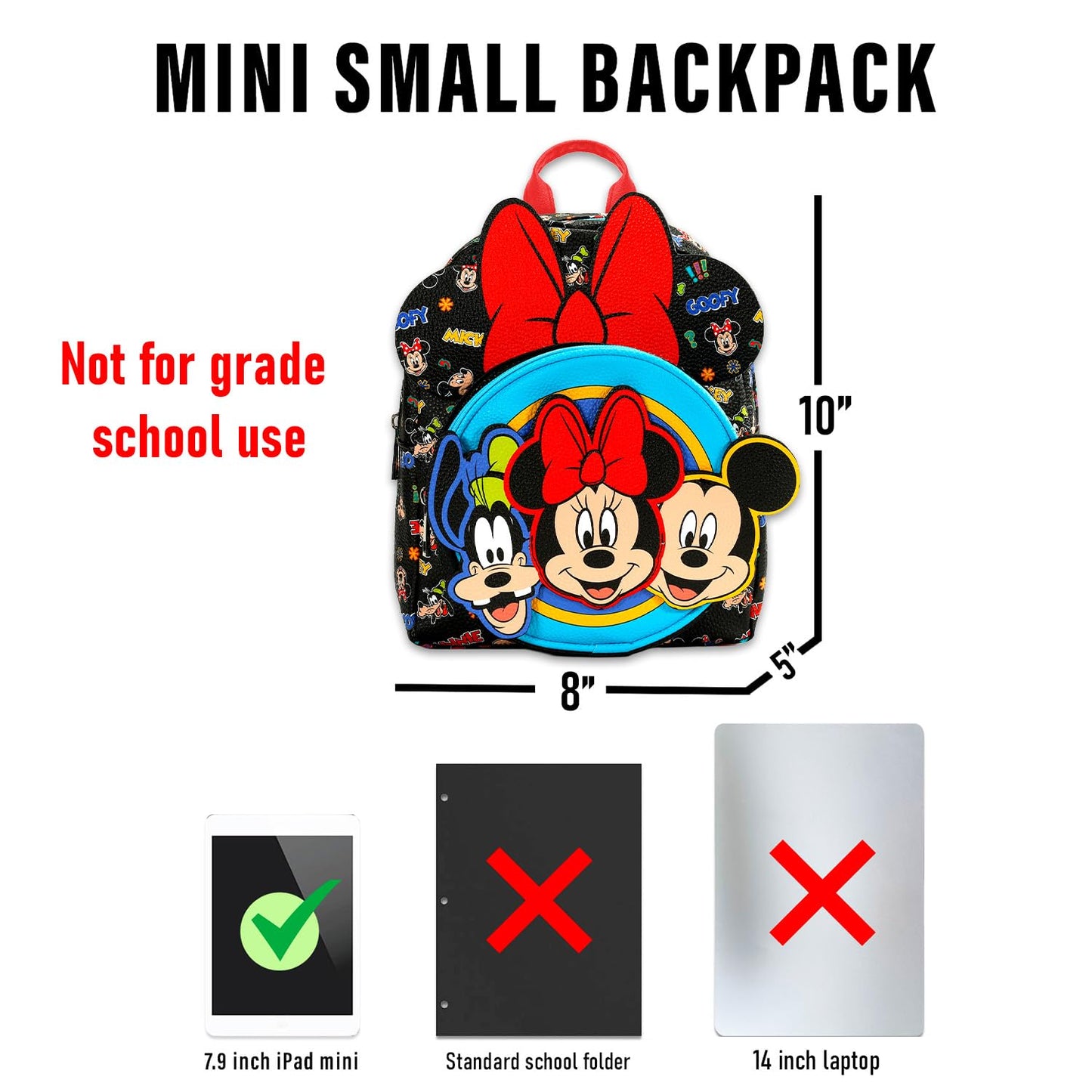 Disney Mini Backpack - 10" Exclusive Mickey, Minnie and Goofy Faux Leather Small Backpack with Front Pocket and Button Bundle | Adjusts to Fit Women, Teens, Girls, Kids