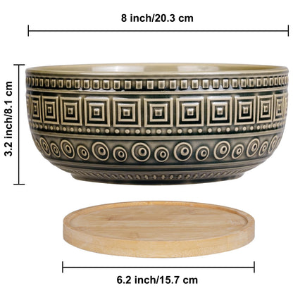 G EPGardening 8 Inch Ceramic Succulent Planter Pots Round Shallow Bonsai Planter Pot for Indoor Plants with Drainage and Bamboo Saucer Gray