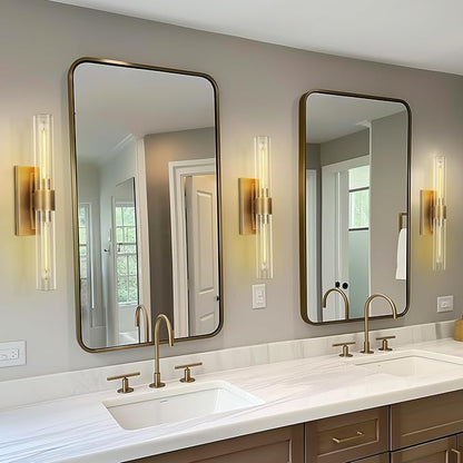 Brass Wall Sconces, 22.8" Bathroom Wall Sconce, Antique Brass Wall Sconces Set of 2, 2-Light Dimmable Wall Sconce, Sconces Wall Lighting With Glass, Bathroom Vanity Light, Tube Sconce for Living Room