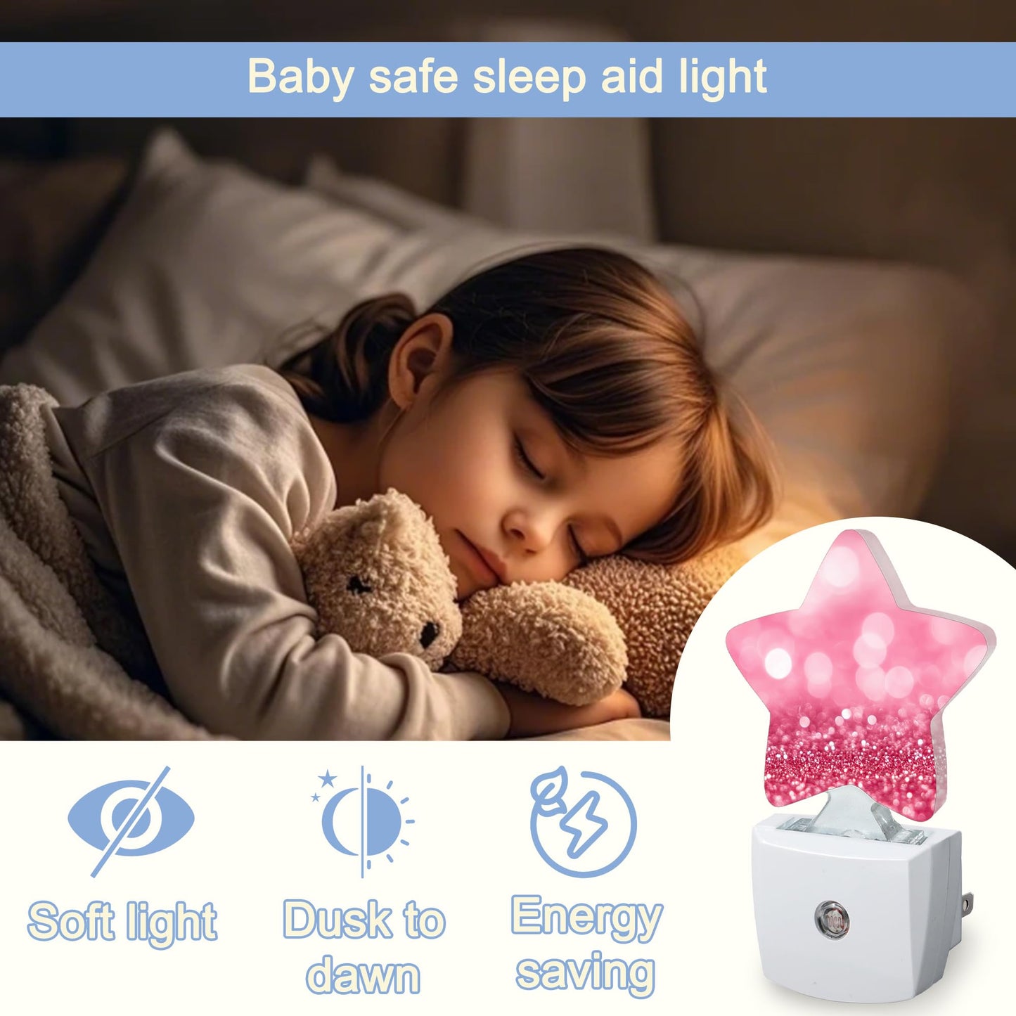 Pink Red Glittering Dusk to Dawn Star Night Light,Abstract Christmas Smart Sensor Nightlight for Bedroom Kitchen Hallway Stairs,Plug-in Energy Efficient Decor Desk Lamp Women Men Gifts