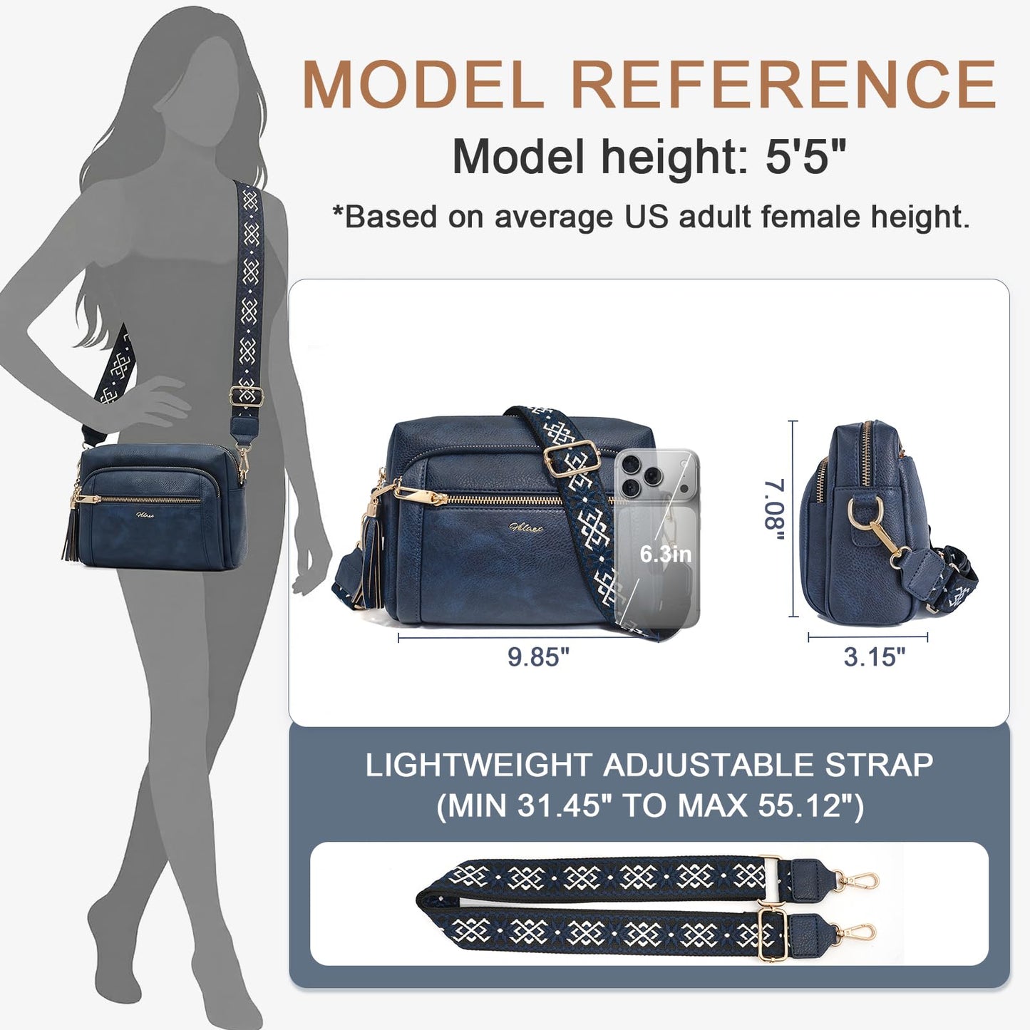 HILAEX Small Leather Crossbody Bags for Women Anti theft Purses and Handbag Shoulder Hangbag with Wide Strap Tassel Navy Blue