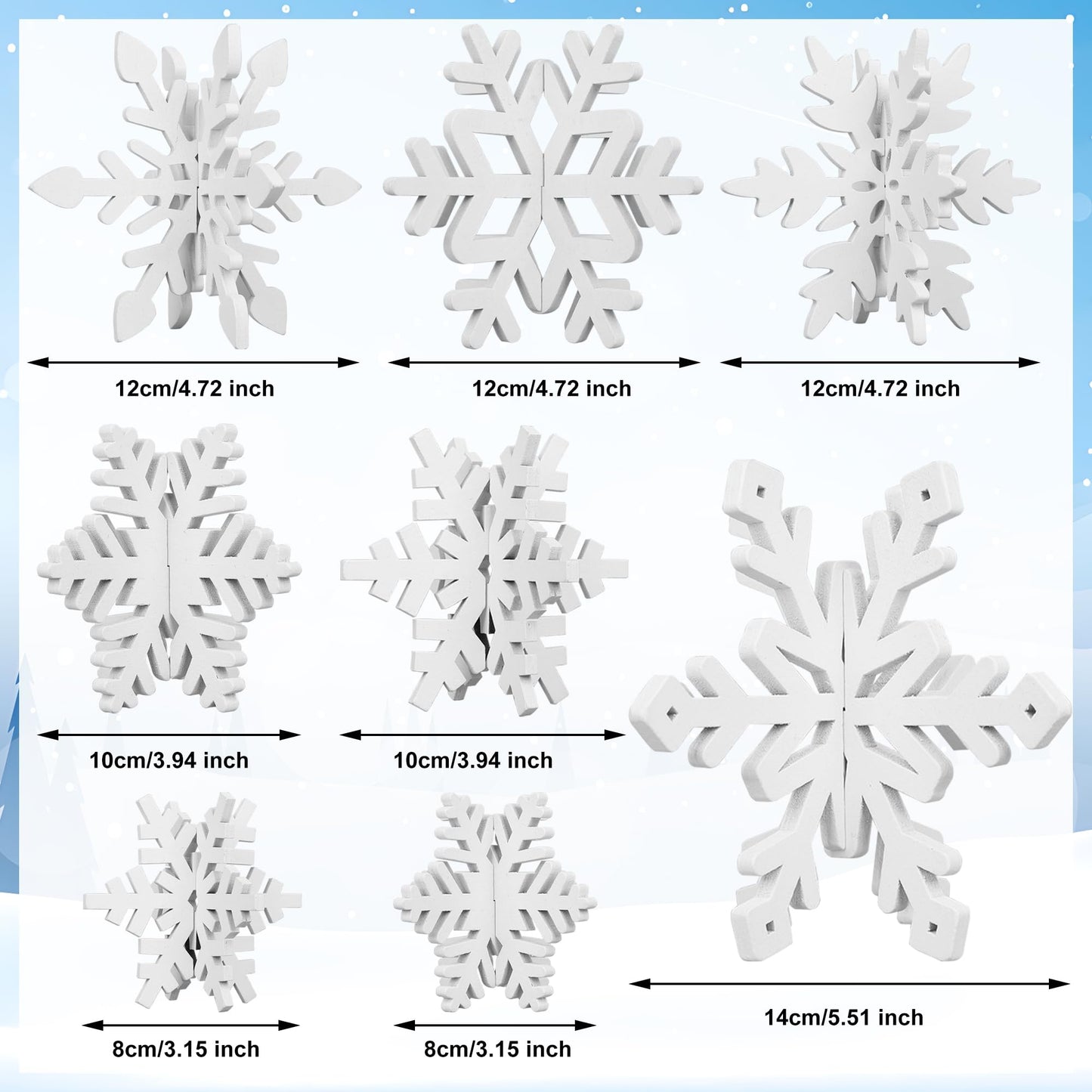 16 Pcs Christmas Wooden Decor Winter 3D Snowflake Tabletop Sign Tiered Tray Decorations White Snowflake Wood Blocks Centerpiece for Xmas Wonderland Party Home Table Decor