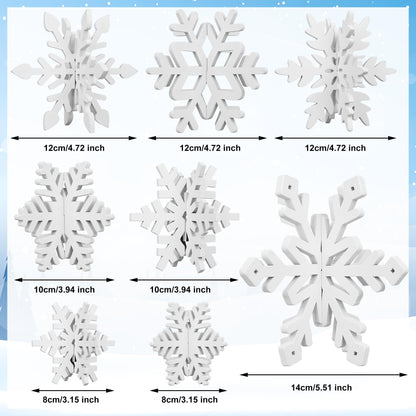 16 Pcs Christmas Wooden Decor Winter 3D Snowflake Tabletop Sign Tiered Tray Decorations White Snowflake Wood Blocks Centerpiece for Xmas Wonderland Party Home Table Decor