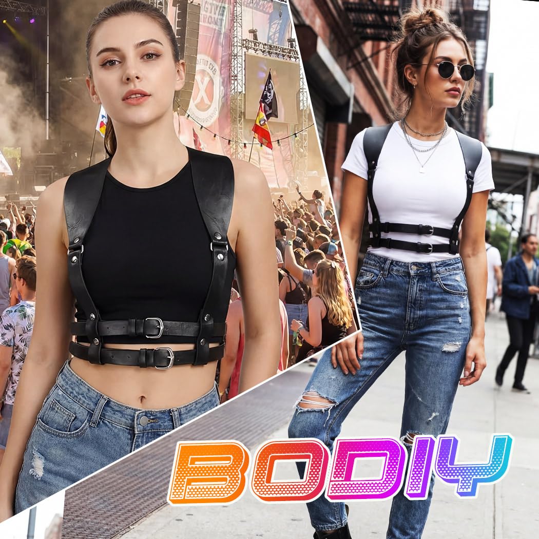 BODIY Punk Women Waist Belts Black PU Leather Fashion Body Chain Belt Circle Rave Halloween Accessories Belt Adjustable Gothic