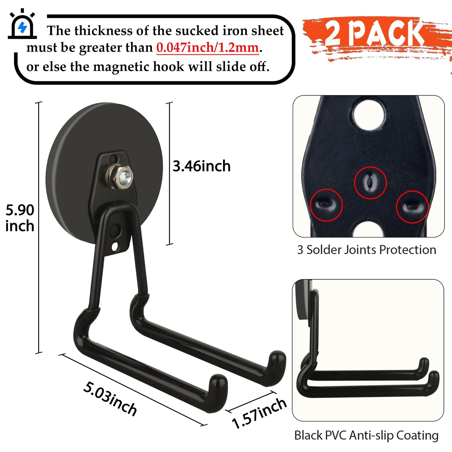 ULIBERMAGNET New Updated Gaint Magnetic Hooks,2 Pack Heavy Duty Large Magnetic Hooks for Extension Cord, Cable, Hose, Power Cord,Rope,Drill,Jig Saw,Circular Saw,Garden Lawn Tools (Black/3.46inch)