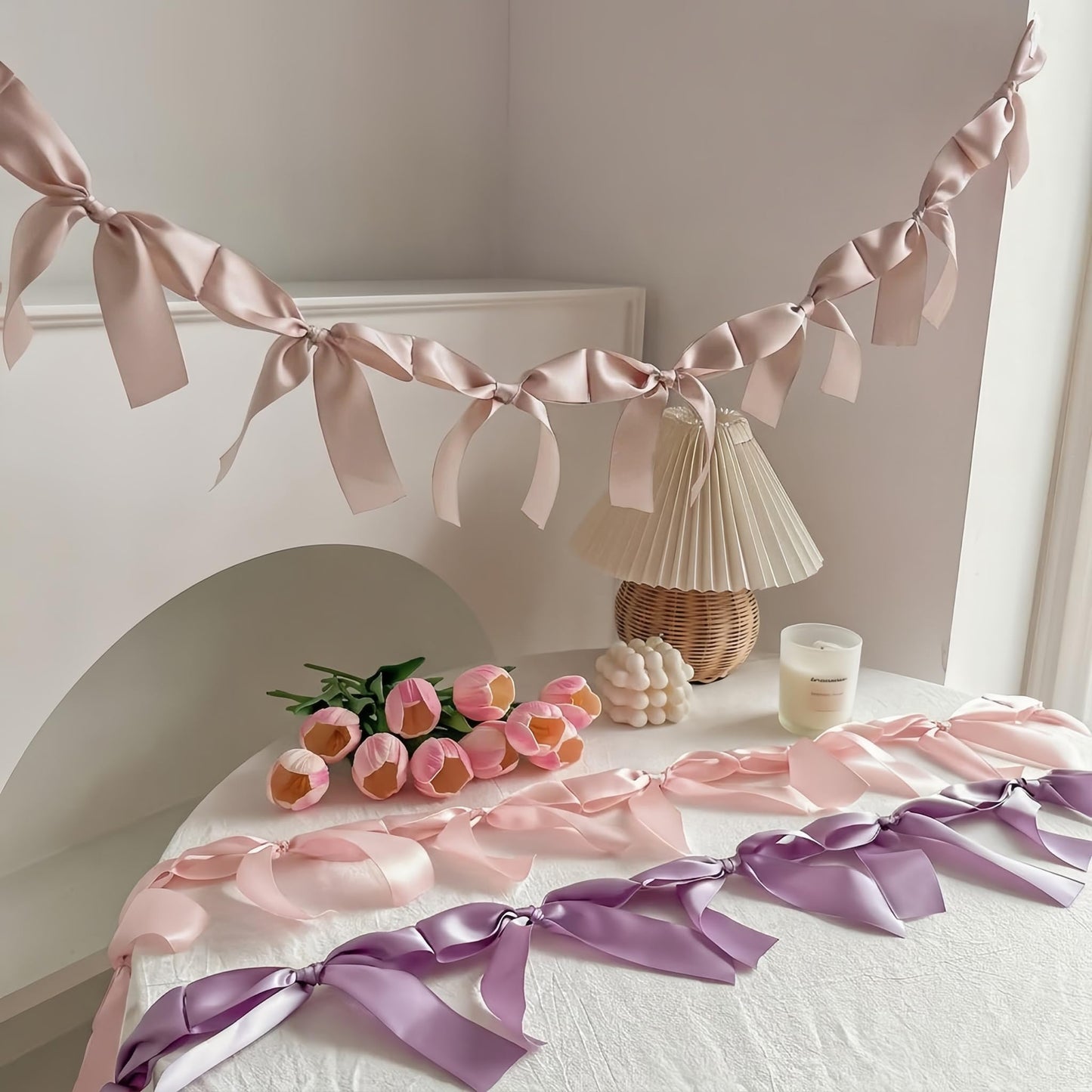 Dusty Pink Bow Garland, Pre-Assembled 6 ft – Single Accent Decoration for Bridal Shower, Baby Shower & Birthday Parties | Soft Matte Satin Bows (Dusk Rose)