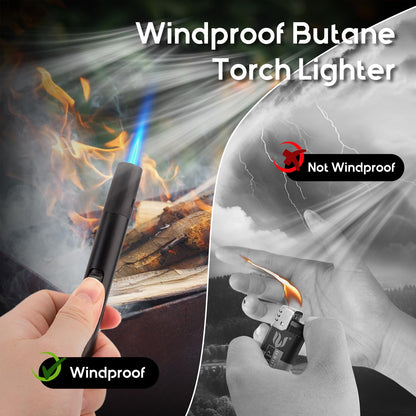 LcFun Torch Lighters 2 Pack Refillable Butane Lighter, Butane NOT Included, Windproof Adjustable Jet Flame Long Lighters for Candle, Grill, BBQ, Camping