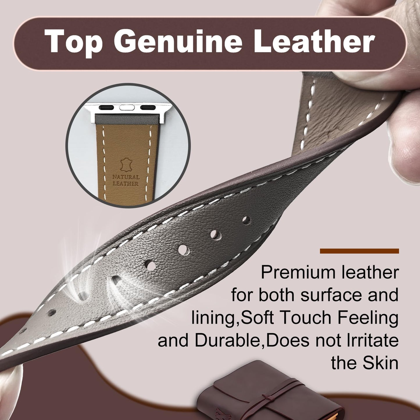 Biggyboom Genuine Leather Bands Compatible with Apple Watch Band for Women Men 49mm 46mm 45mm 44mm, Top Grain Leather Replacement Strap for iWatch Series 11 10 9 8 7 6 SE 5 4 3 2 1 Ultra 1 2 3 Gray