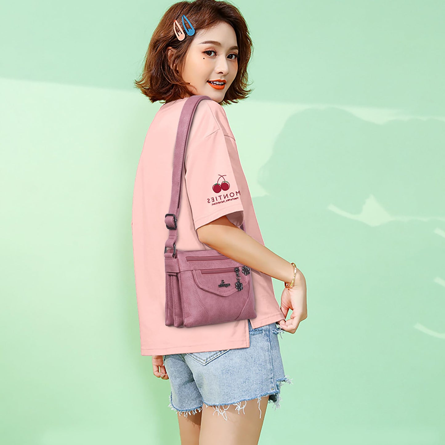 Angel Kiss Small Crossbody Bags for Women, Multi-Pocket Washed Vegan Leather Purses, Lightweight Travel Shoulder Bag with Adjustable Strap for Everyday