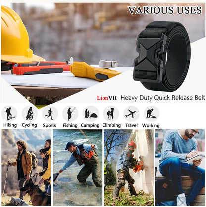 LionVII Heavy Duty Quick Release Belt, Elastic Stretch 1.5" Web Work Belts with Alloy Buckle for Waist Size Below 48" (Black)