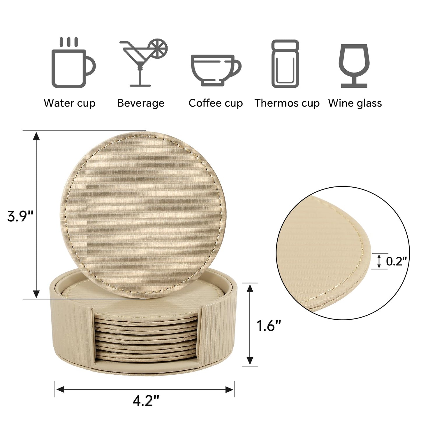 Leather Coasters Set of 6 with Holder, Tabletop Protection, Coffee Table & Bar Decoration, Modern-Style Drink Coasters Suitable for Home Dining Tables & Kitchen Accessories (Beige Stripe)