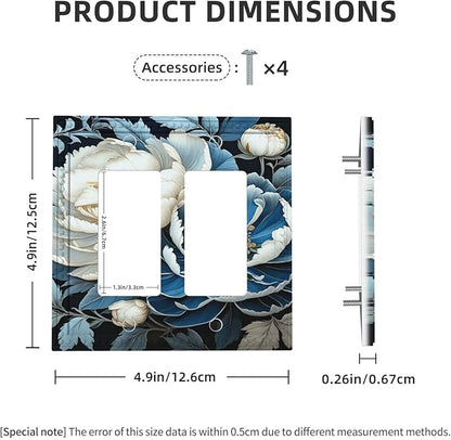 White Blue Flower Peonies Dual Outlet Covers Wall Plate 2 Gang Rocker Decora Decorative Switchplate Electrical Faceplate GFCI Light Switch Covers for Farmhouse Living Decor
