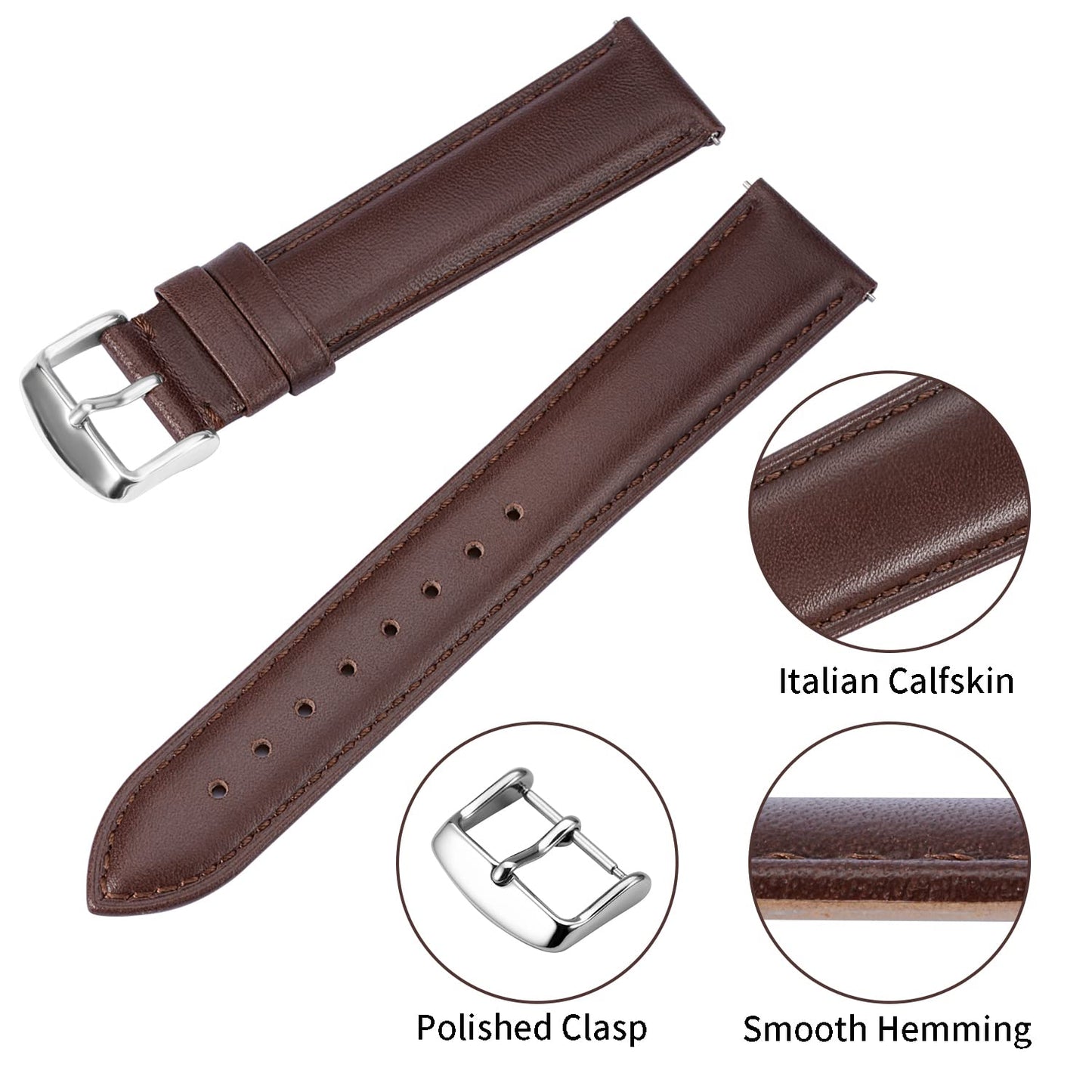 TStrap Leather Watch Band Men - Brown Quick Release Watch Strap for Women Replacement - Soft Smart Watch Bracelet with Clasp Buckle for ladies - 14mm 16mm 18mm 19mm 20mm 21mm 22mm 23mm 24mm