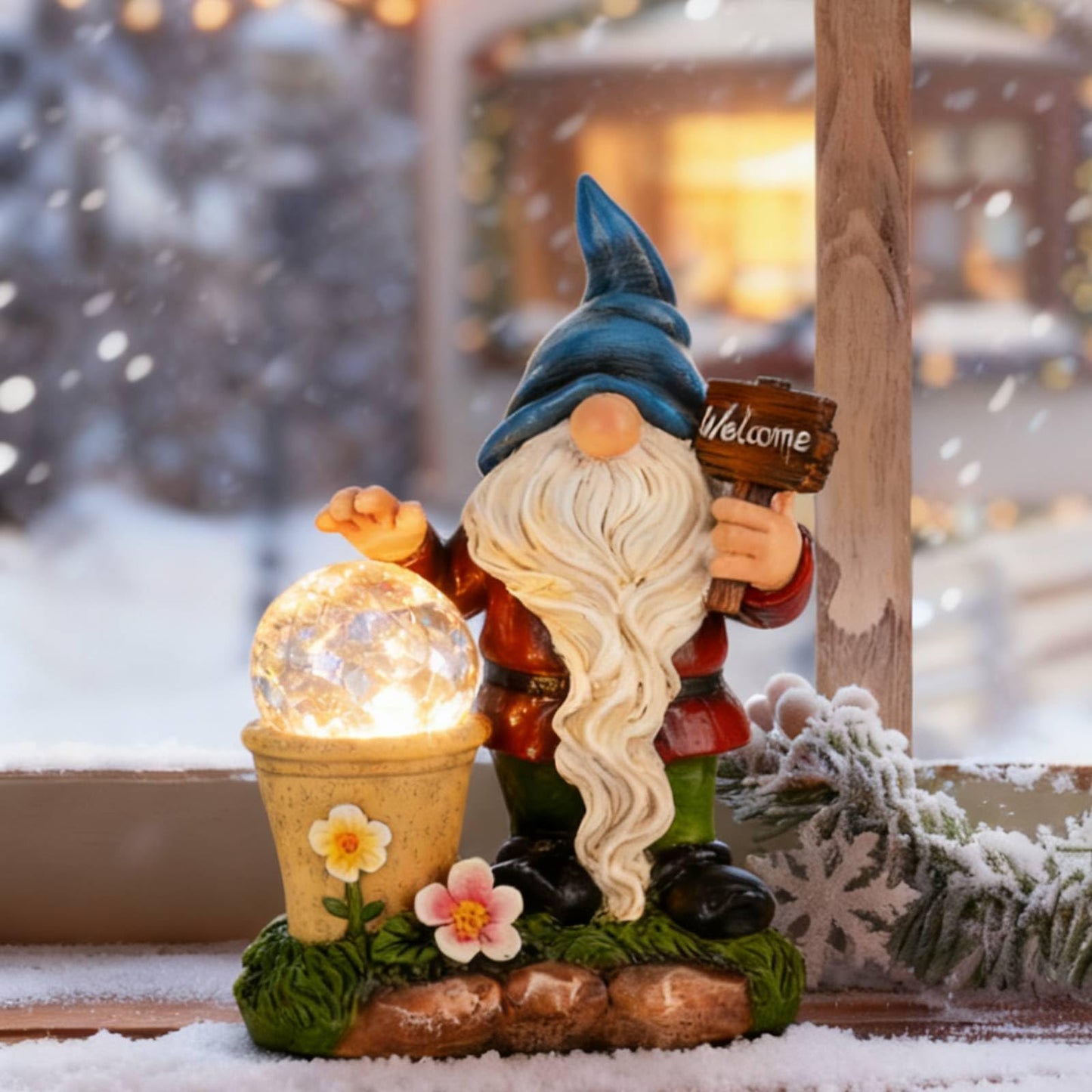 DiliComing Solar Garden Gnomes Outdoor Statues - Cute Gnome Statue with Welcome for Yard Patio Porch Lawn, Resin Gnome Figurine with Solar Light for Thanksgiving and Christmas