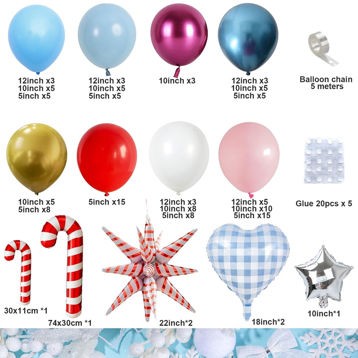 Christmas Balloon Arch, 133Pcs Red Pastel Baby Pink Blue Xmas Winter Wonderland Balloons with Metallic Gold Blue Pink Candy Cane Exploding Star Foil Balloon for Merry Christmas Party Decoration