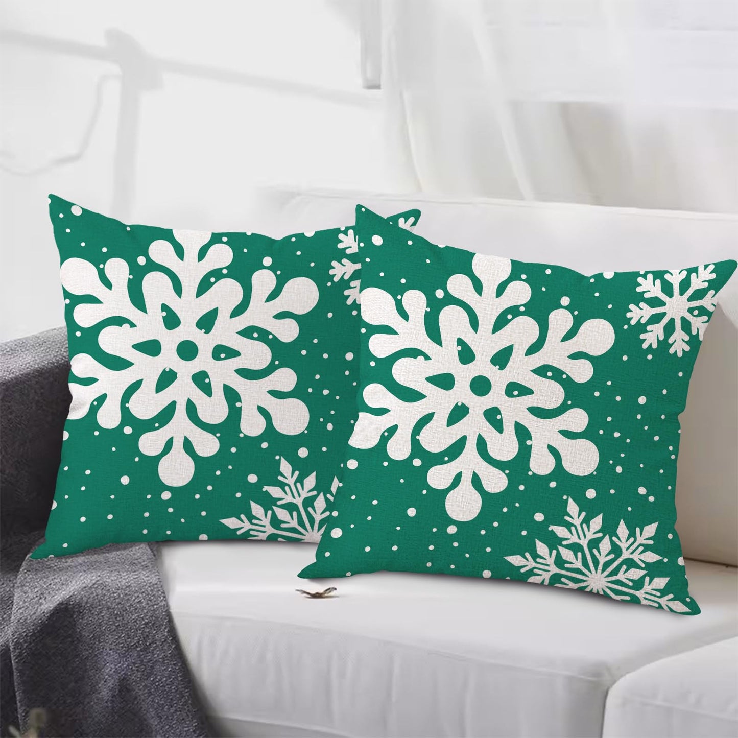 Gujiahone Green Christmas Pillow Covers 18x18 Inch Set of 2 Snowflakes Linen Square Winter Holiday Decoration Cushion Case for Sofa Couch Bed Living Room (Green)