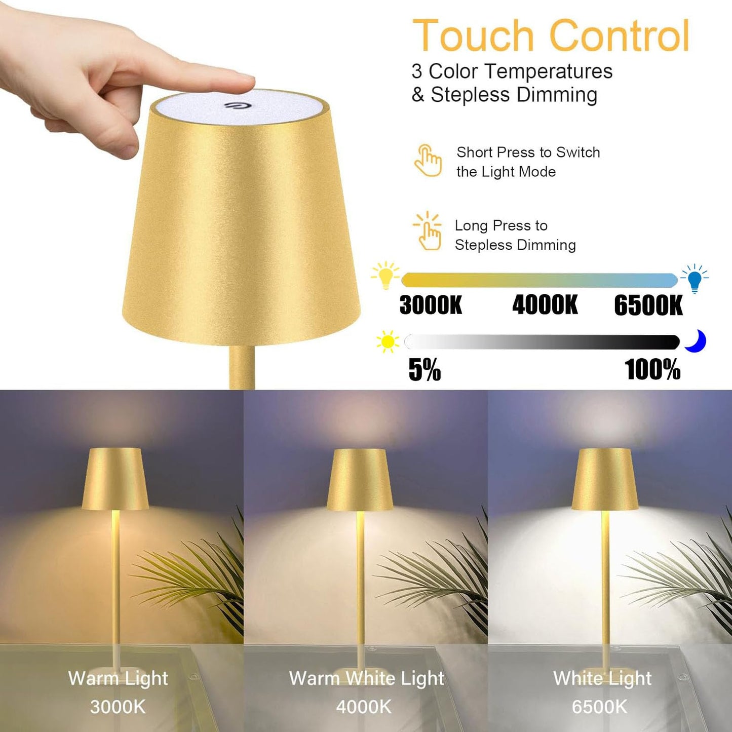 2 Packs Cordless Table Lamp, Portable LED Wireless Desk Lamp with 3 Modes Light Dimming, Adjustable Height Table Lamp, Rechargeable Waterproof Touch Lamp for Christmas Birthday Gift (2 packs-Black)