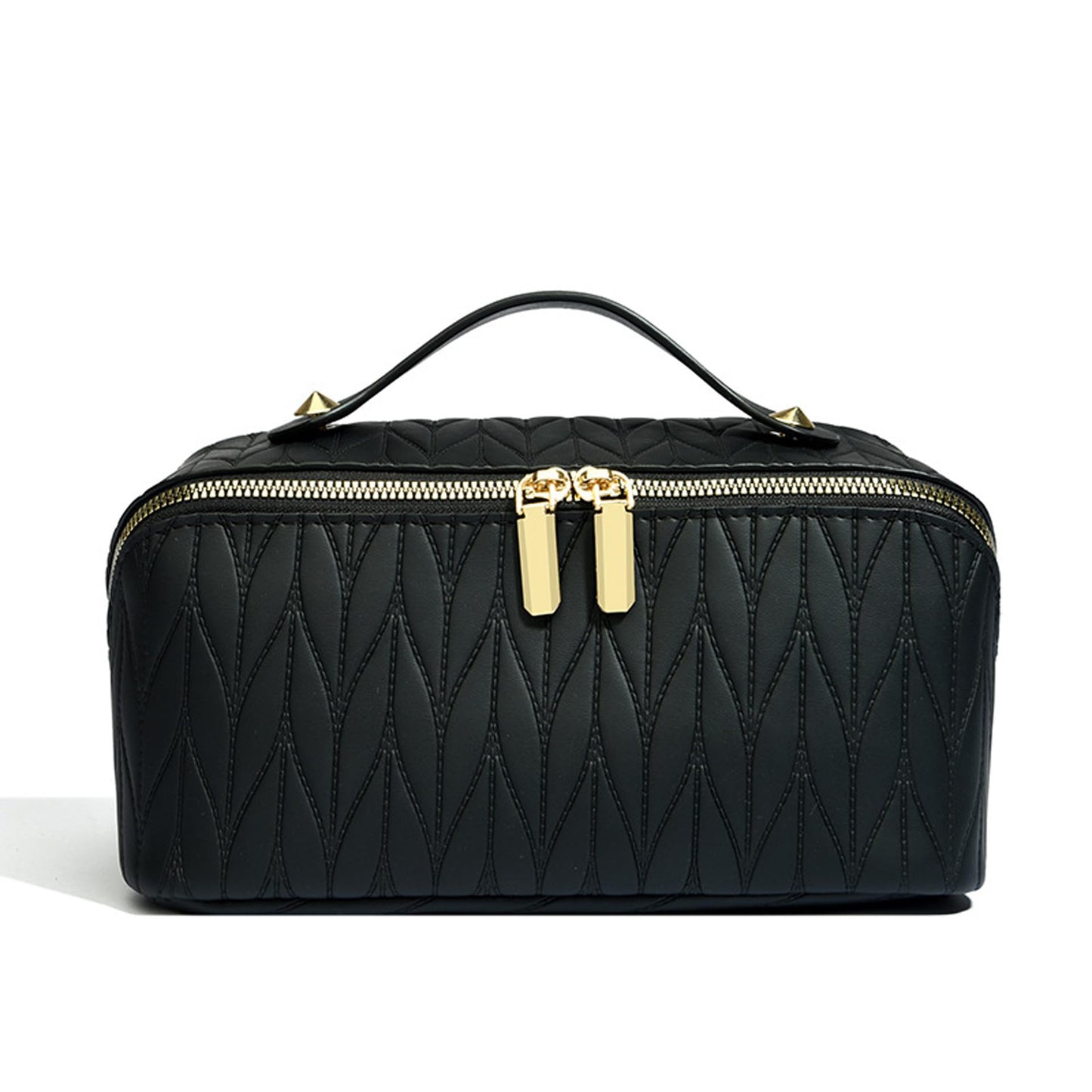 Leather portable travel makeup bag, large-capacity women's cosmetic bag, with divider and handle, toiletry bag, flat-opening, portable, waterproof (Black)