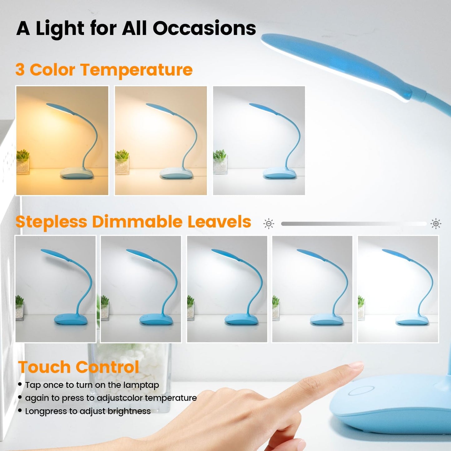 Battery Powered Desk Lamp, Portable Lamps Rechargeable 3 Color Modes Touch Control Stepless Dimming, Wireless Desk Lamp with 4000mAh, Small LED Table Light for Dorm Study Office Bedroom,2-Pack,Blue