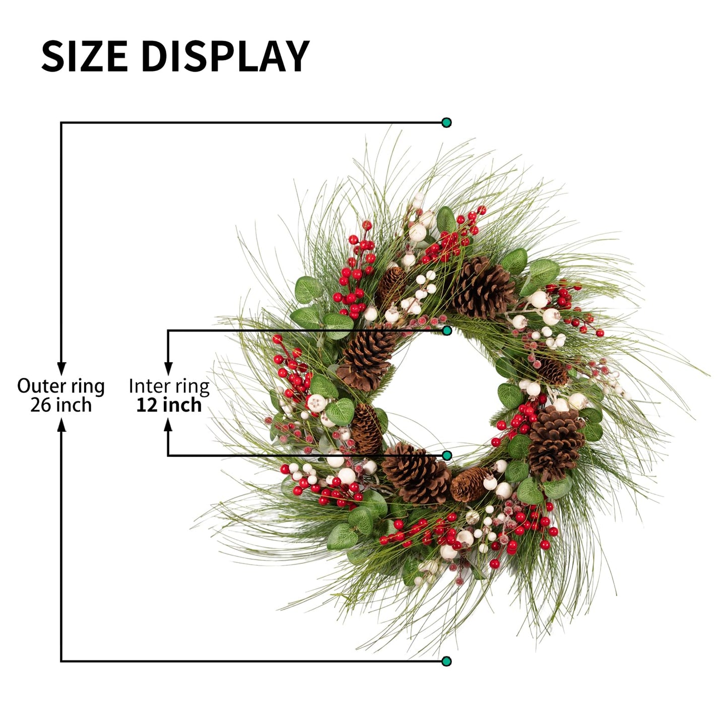 wwmira 26 Inch Large Christmas Wreath for Front Door, Extra-Large Artificial Wreath with Pine Cones, Red & White Berries, Nuts and Eucalyptus on Grapevine Base, Big Outdoor Holiday Decor