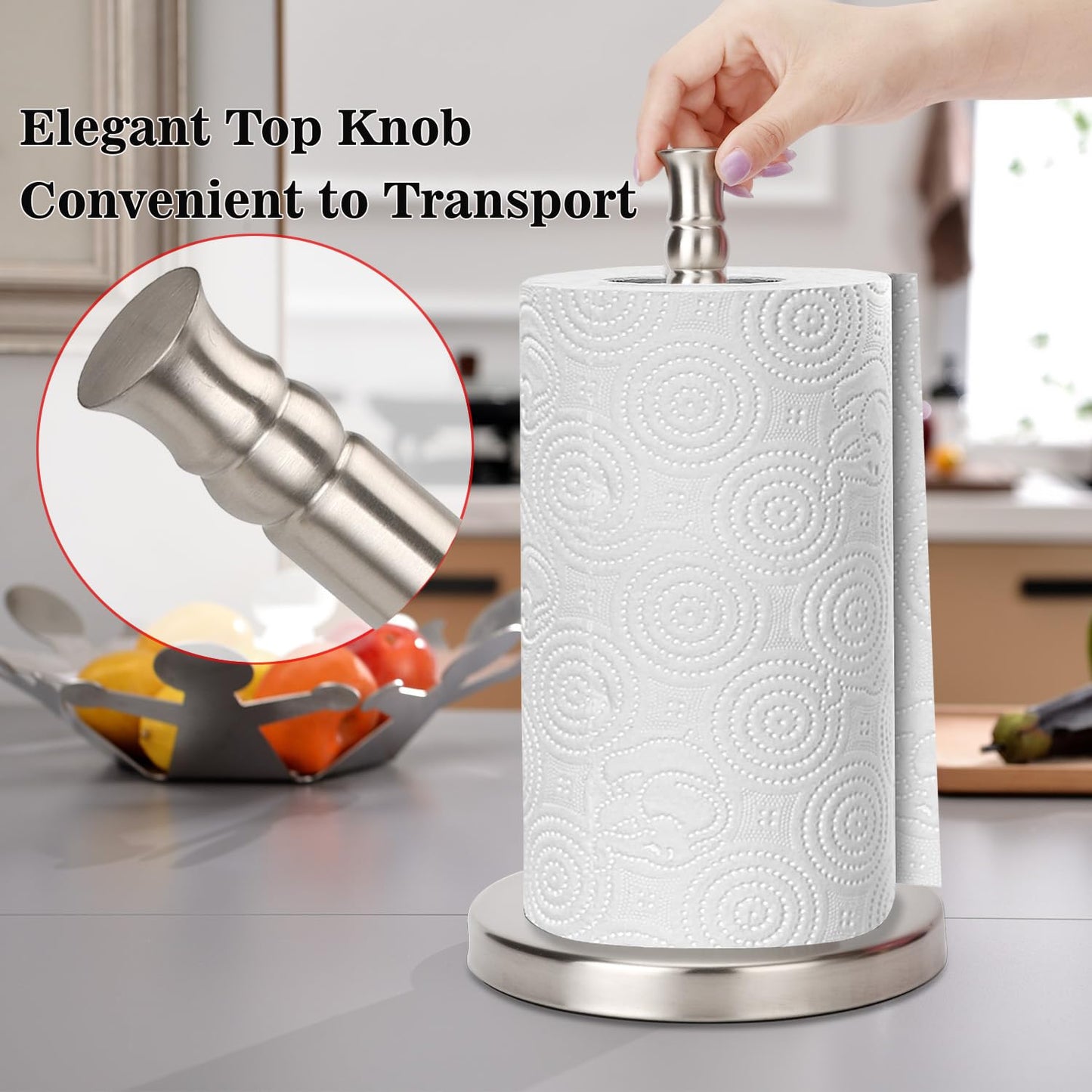 Sfemn Paper Towel Holder Countertop, Standing Paper Towel Roll Holder for Kitchen Bathroom, with Weighted Base for One-Handed Operation, No Wobbly (Brushed Nickel)