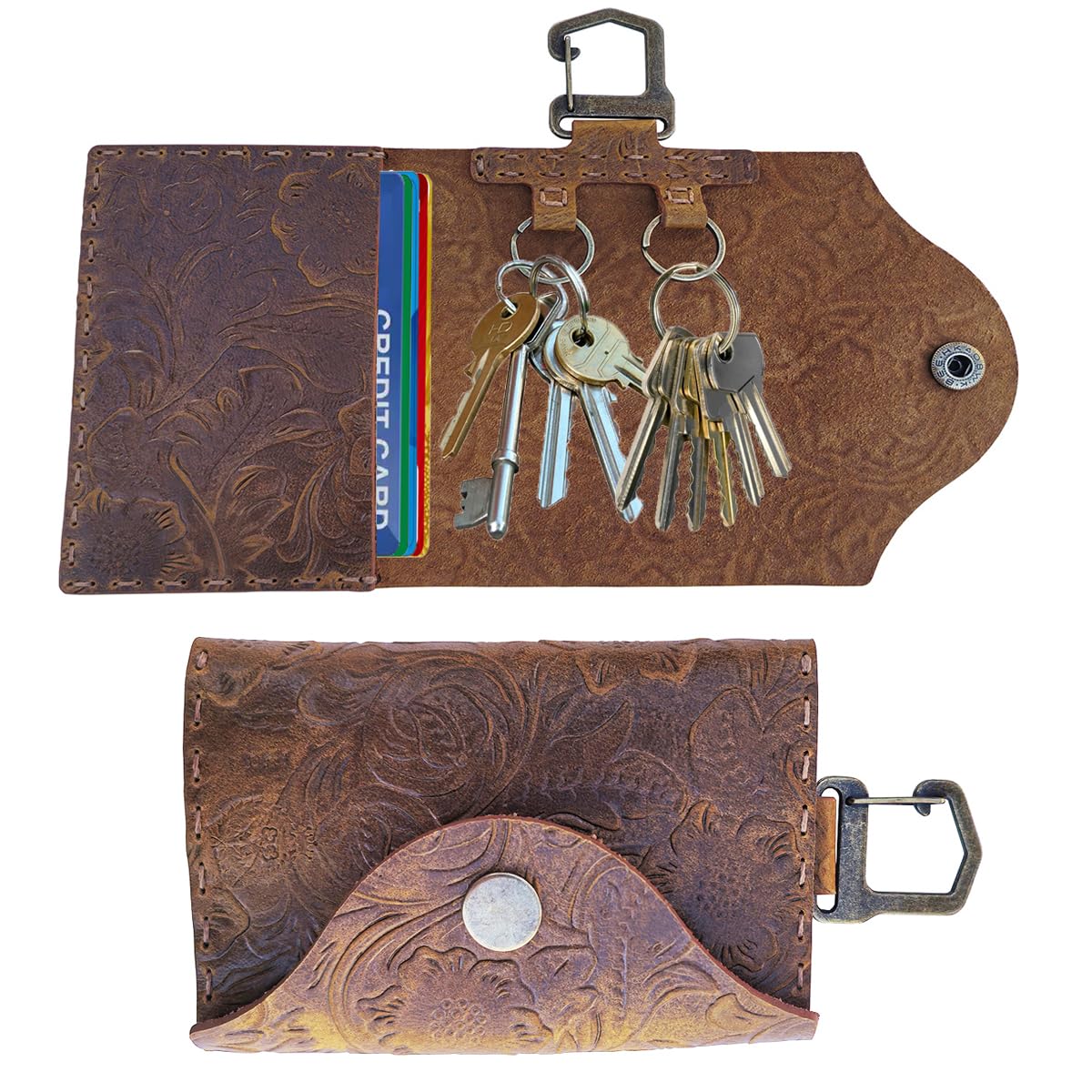 Ru Xing Genuine Leather Key Holder Handmade Organizer Wallet for Keys, Cash, Credit Cards Functional Key Holder for Men & Women (Stitch Style, Print Brown)