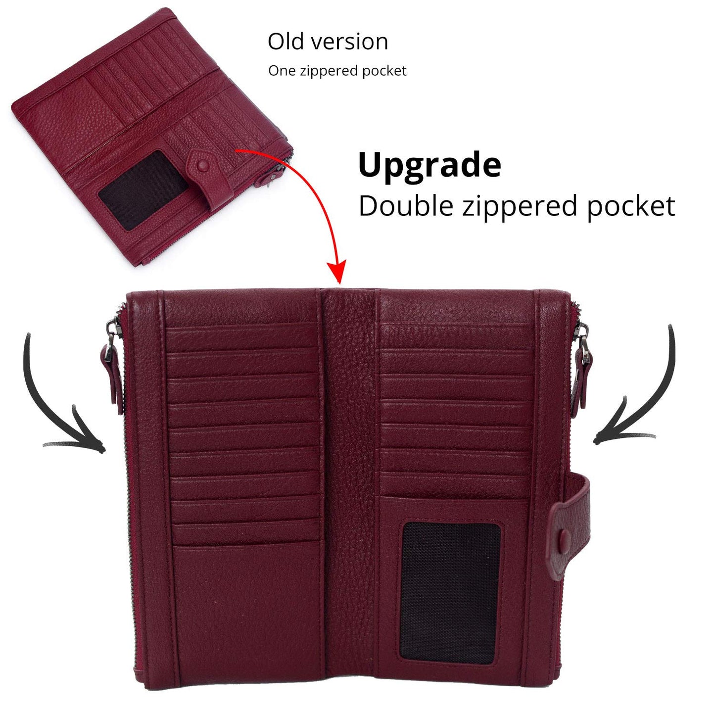 Bveyzi Women Soft Leather RFID Blocking Bifold Slim Wallets Ladies Credit Card Holder Double Zipper Pocket (Wine Red)