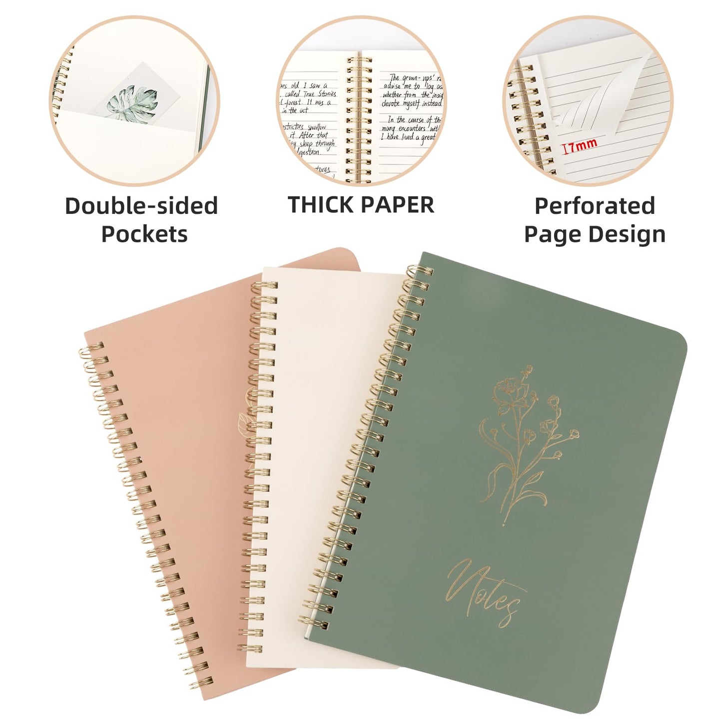 ALKALO Cute Spiral Notebook Set For Women, Bible Journal Set, 3 Pack A5 Spiral Notebook + 5 PCS Gel Pens + 600 Sticky Notes + Gift Box, Aesthetic Gift Set for Work Students School Office Supplies
