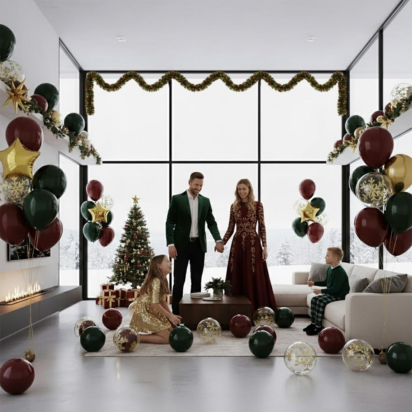 Winter Christmas Garland decorations with Maroon Hunter Green Gold confetti Balloon arch & Foil Star balloons & Artificial Snowflake Xmas Garland for wine red friendsmas new year party decorations