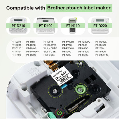 Label KINGDOM Aze-231 Refill Compatible with Brothr p Touch tze laminatied Label Maker Tape 12mm 1/2"(0.47") for ptouch Printer PTD210 PTD220 PTH110, 10 Pack