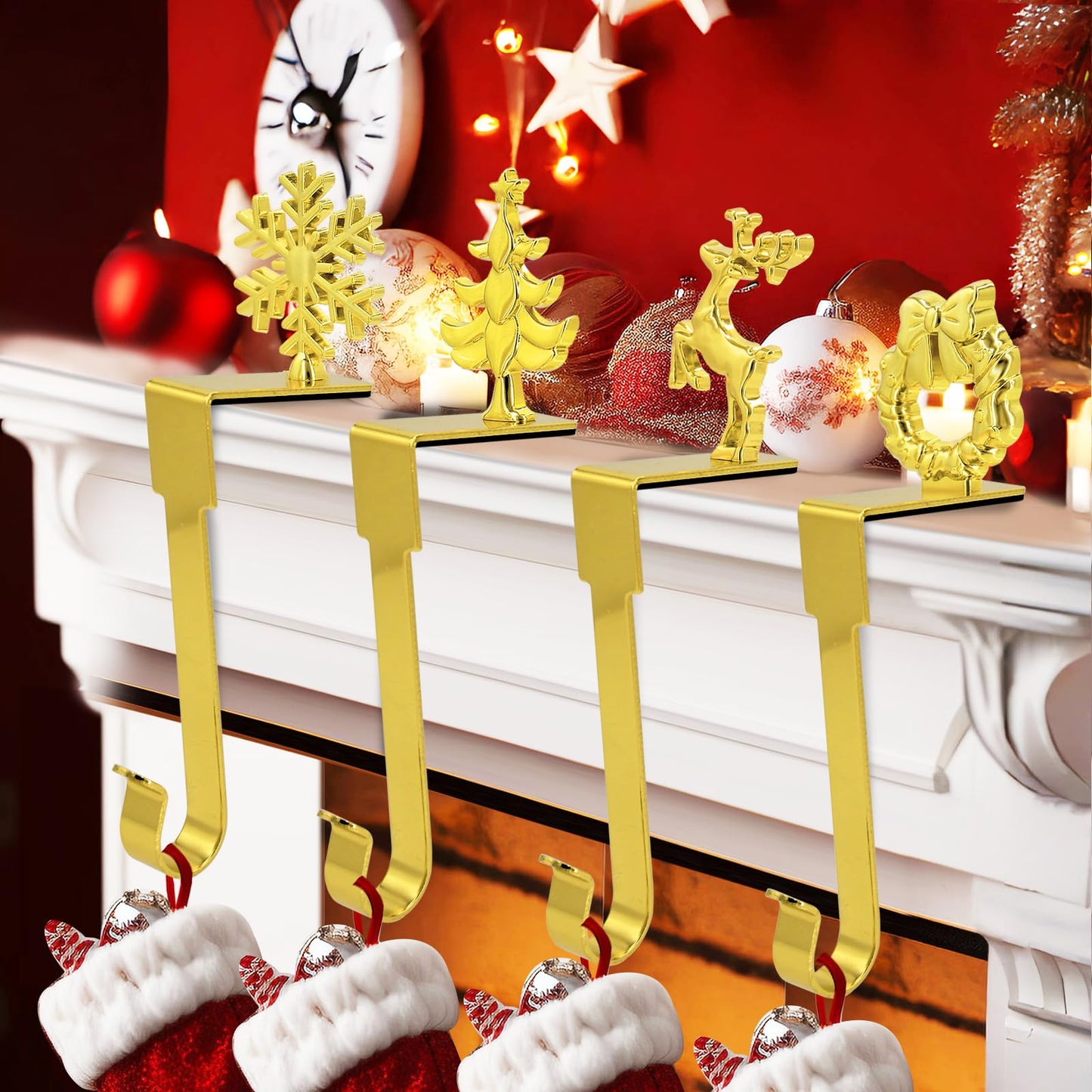 Komotu 4 Pcs Christmas Stocking Holders for Mantle, Upgrade Non-Slip Safety Mantel Hooks Hanger Grip Fireplace Hang Hook for Christmas Halloween Party Decoration(Gold)