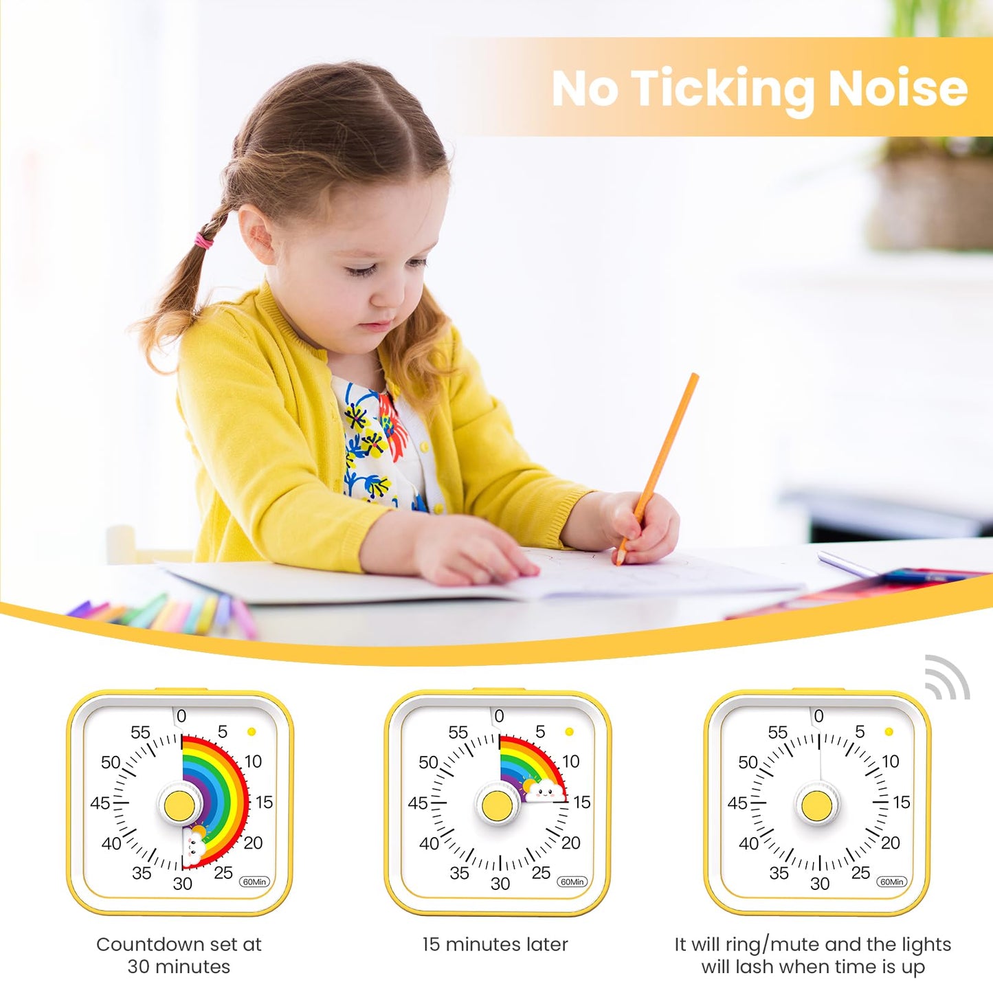 InfPokid Visual Timer for Kids with Pause Function, Cute Silent Timer with Rainbow for Classroom, Teaching, Task, Kitchen, 60 Minute Countdown Time Management for ADHD (Rainbow Yellow)