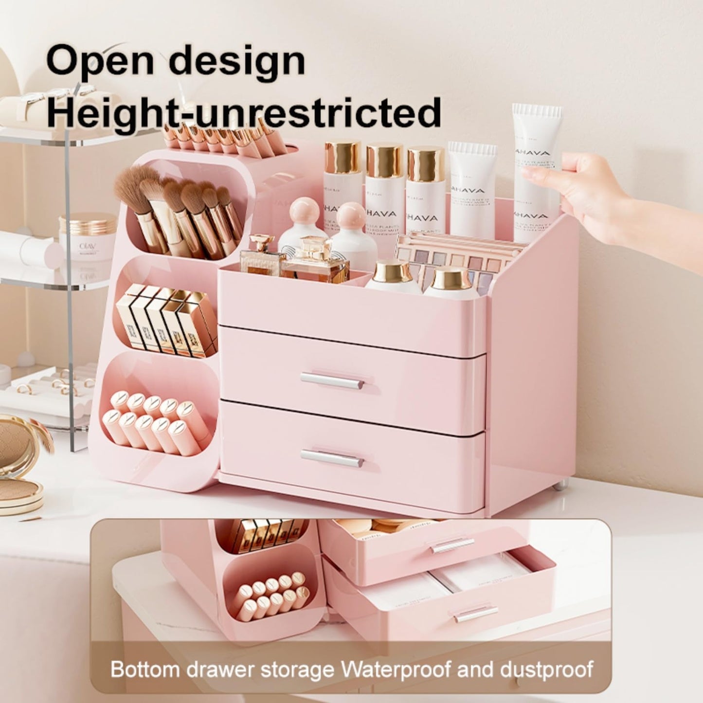 KQJS Makeup Organizer with Drawers,Large Capacity Countertop Organizer for Vanity,Bathroom and Bedroom Desk Cosmetics Organizer,Easy To Storage Skincare,Brushes,Lotions (All Pink)