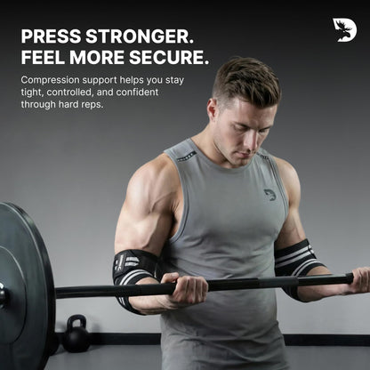 DMoose Fitness Elbow Wraps for Weightlifting (Pair) - 40'' Adjustable Elbow Strap for Gym Workout & Bench Press, Compression Elbow Wraps for Tendonitis & Joint Support, Elbow Sleeve (White Stripes)