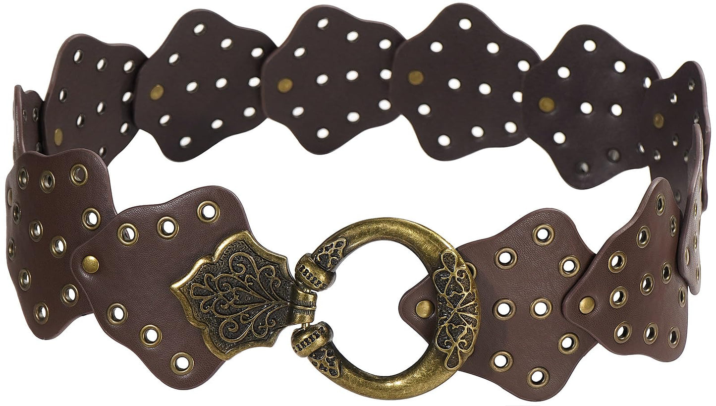 HIQUACC Wide Disc Belt for Women Vintage Leather Hollow Leaf Belt Western Waist Belt (Leaf Brown XL)