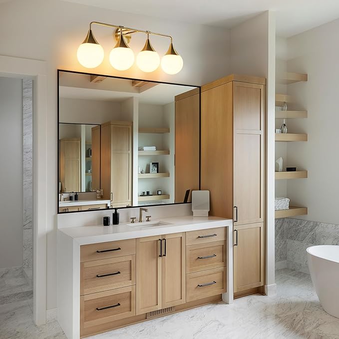Bathroom Vanity Light Fixtures: 4 Lights Mid Century Modern Bathroom Lighting Fixtures Over Mirrors - Brass Gold Wall Sconce with Milky Glass Ball Shades for Bath Bedroom