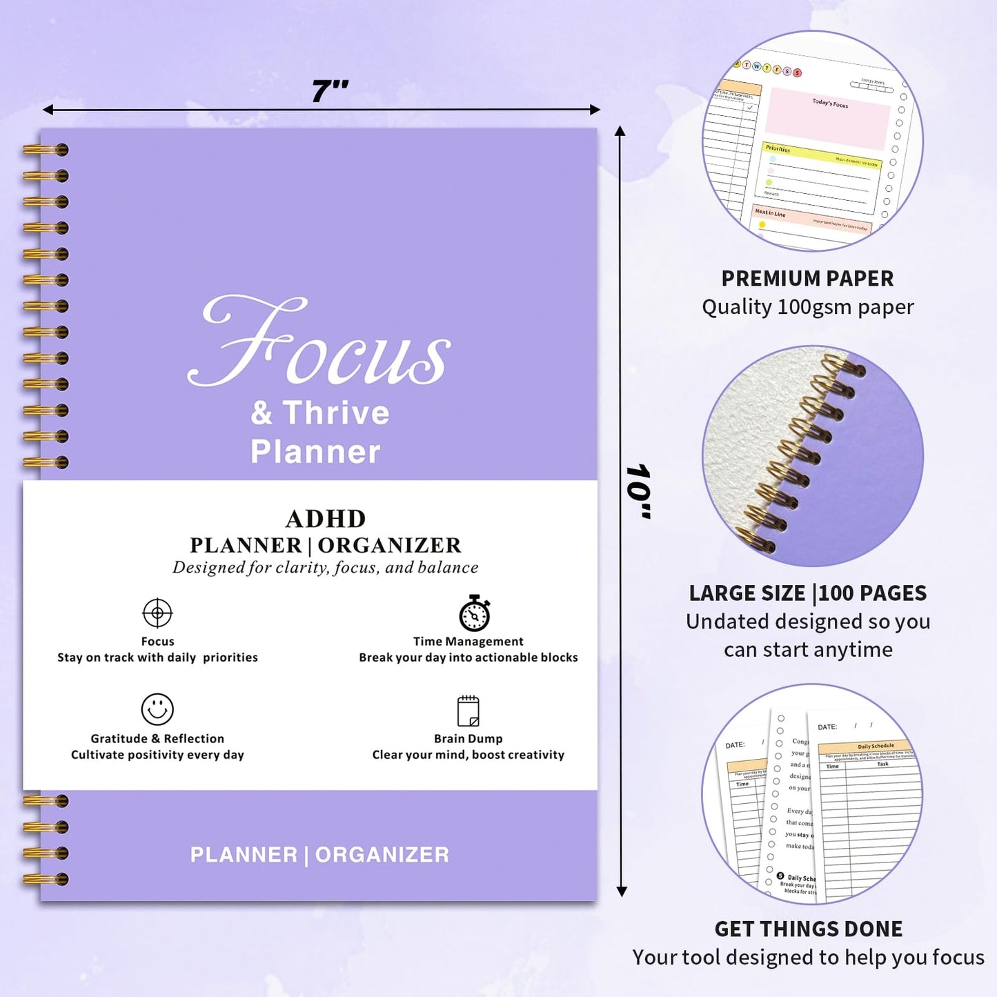 ADHD Daily Planner for Neurodivergent Adults - Focus & Thrive Planner, Undated Task Management Organizer, Productivity Planners for Women to Stay Organized - Larger Size 7 * 10in (Purple)