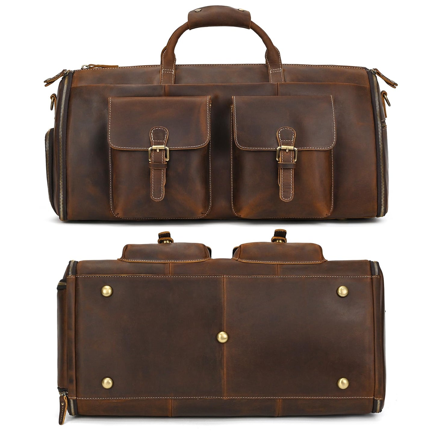 Leather Garment Bag for Men, Convertible Carry on Garment Duffel Bag for Travel Weekender Bag 2 in 1 Hanging Suitcase Suit Bag