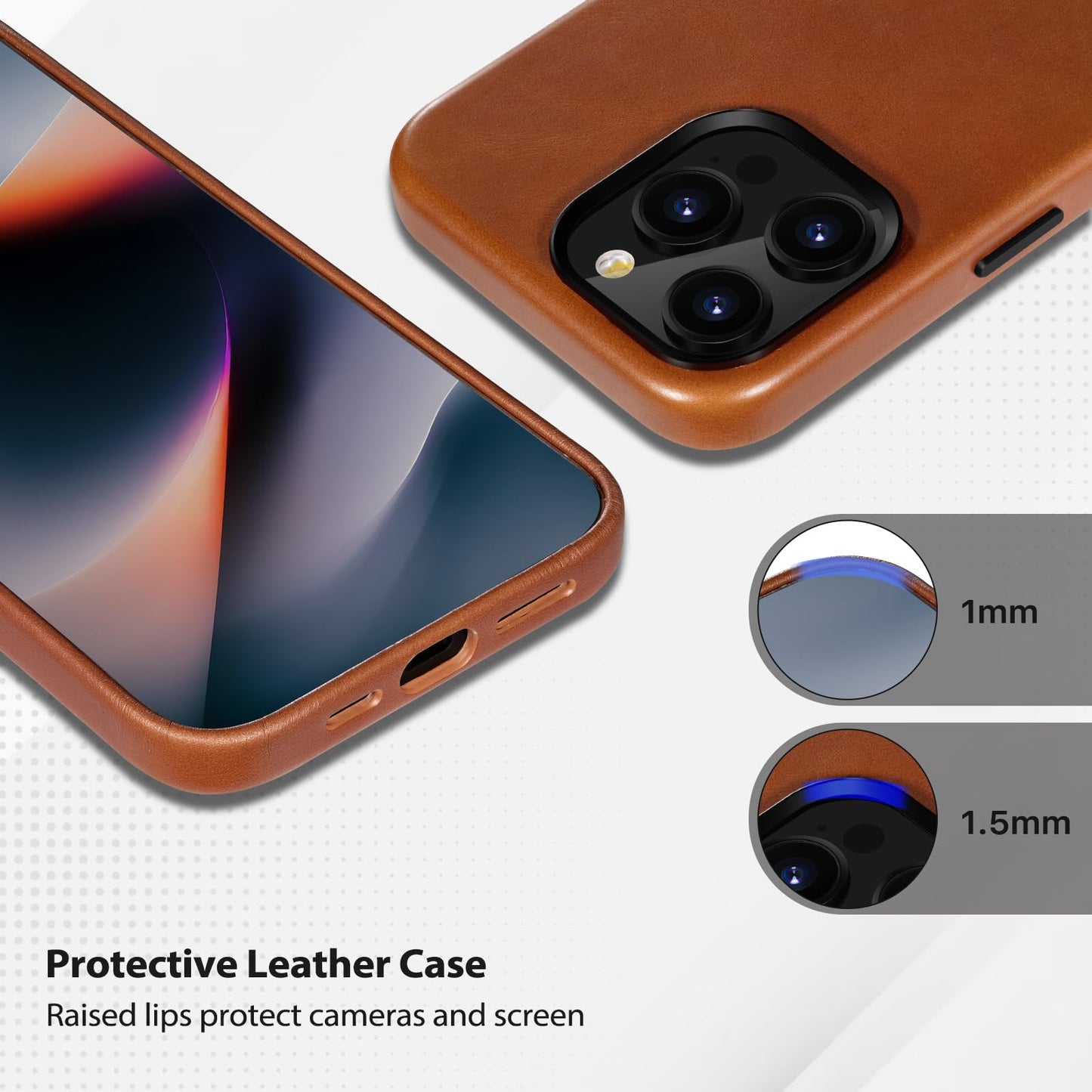 Belemay for iPhone 13 Pro Max Leather Case Compatible with MagSafe, Full-Grain Vegetable-Tanned Leather, Metal Buttons & Camera Bezel - Slim Fit&Sleek- Luxury Phone Cover (6.7-inch)-Saddle Brown