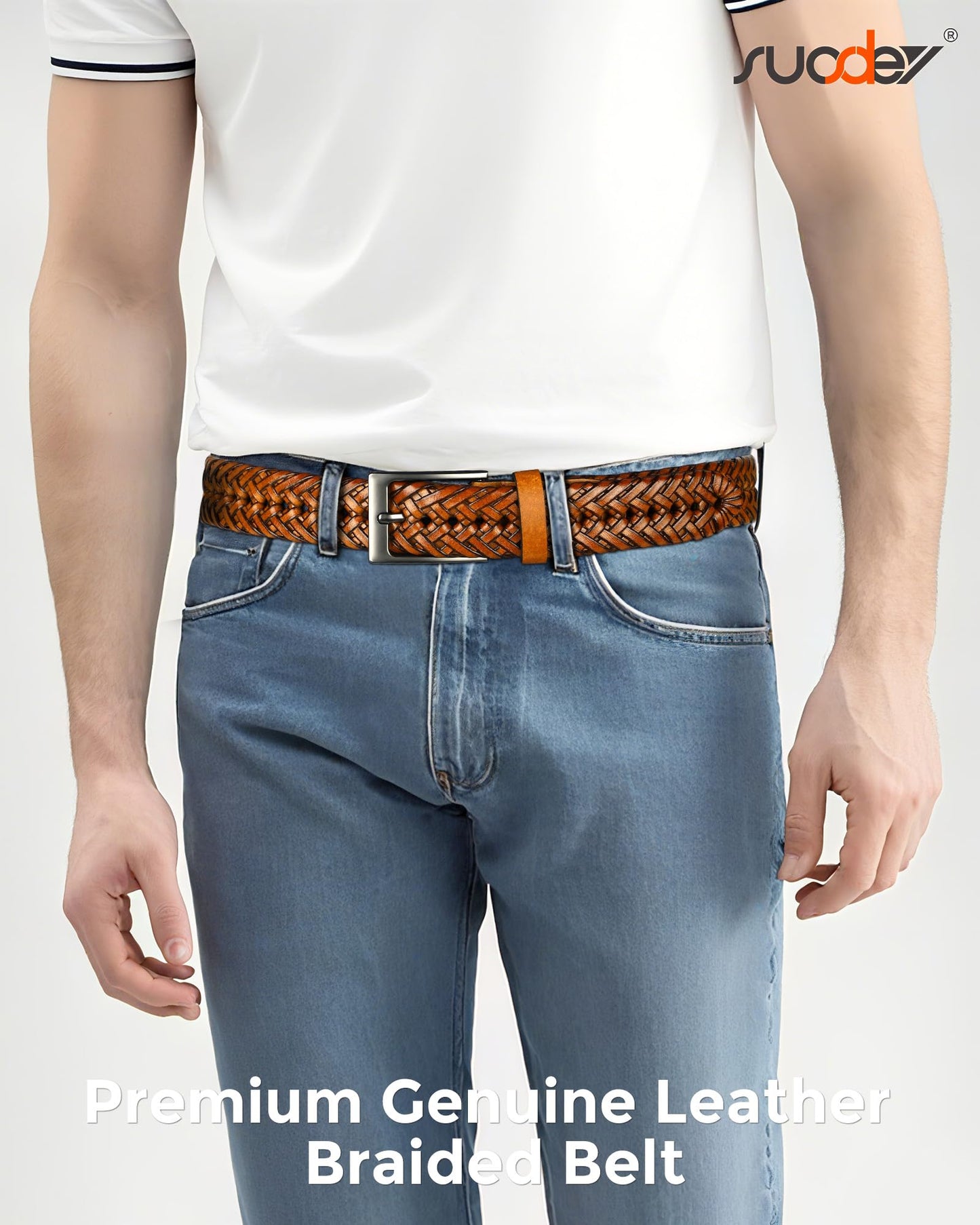 SUOSDEY Braided Genuine Leather Brown Belt for Men, 1.2" Width Men’s Casual Woven Leather Belt for Jeans Pants