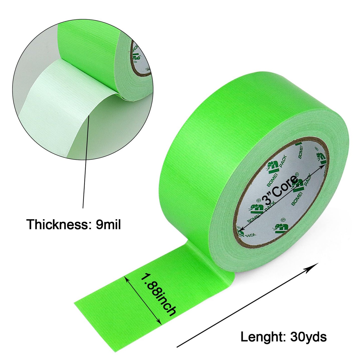 BOMEI PACK Green Duct Tape, Heavy Duty Strong Industrial Grade Color Duct Tape 9.0 mil x 1.88inch x 30yds for Packing and Repairing