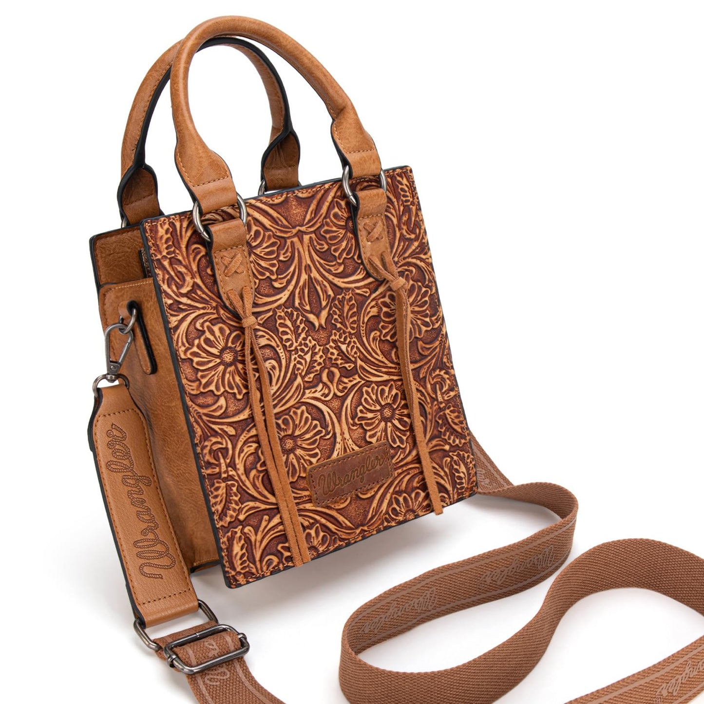 Wrangler Embossed Crossbody Purse for Women Wallet Women Western Cross body Purses Fringe Top handle handbag and small Purse WG271-8119LBR