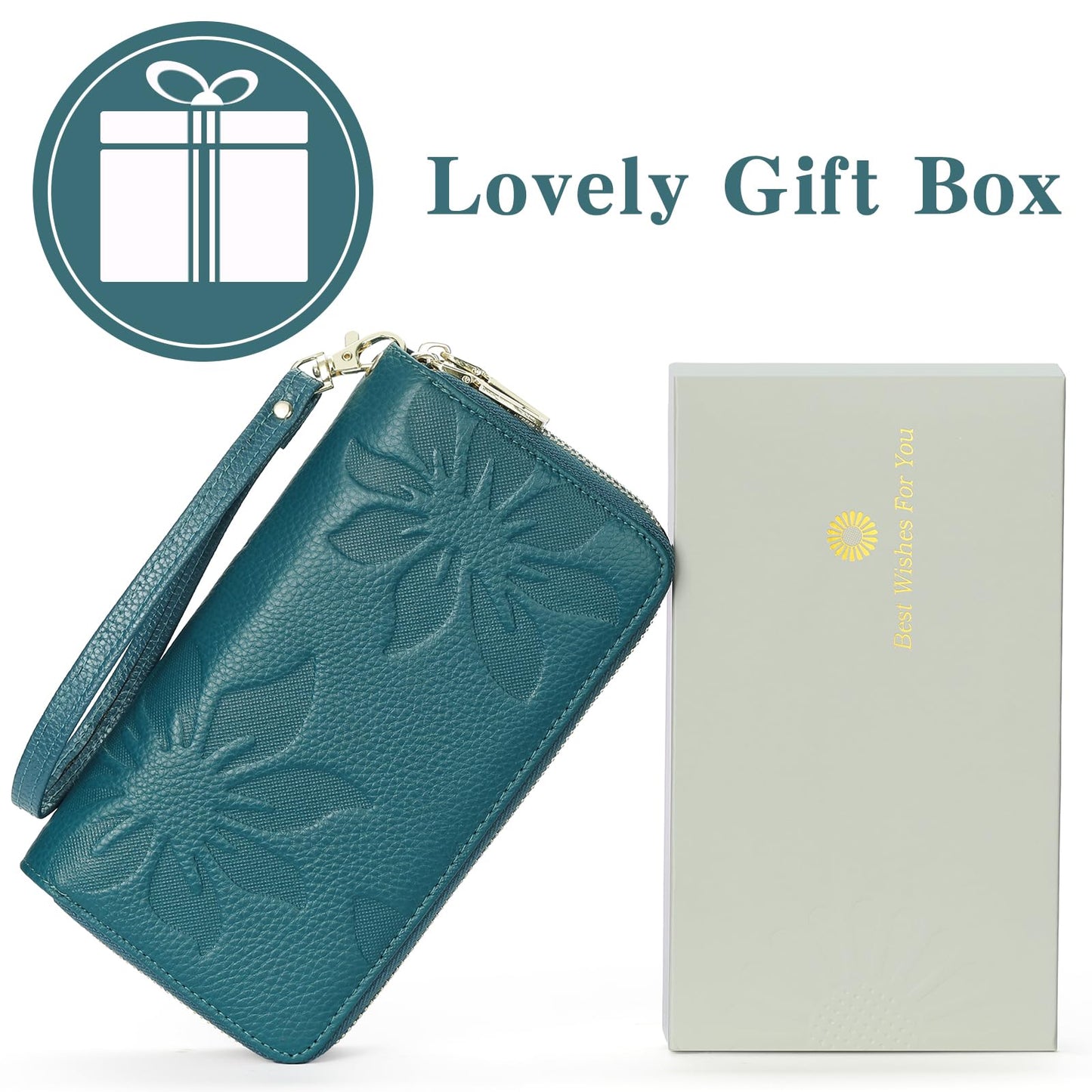 GOIACII Women's Wallet Large Capacity Double Zip Around Credit Card Holder Leather Ladies Wallet with RFID Blocking Phone Wristlet Purse Teal
