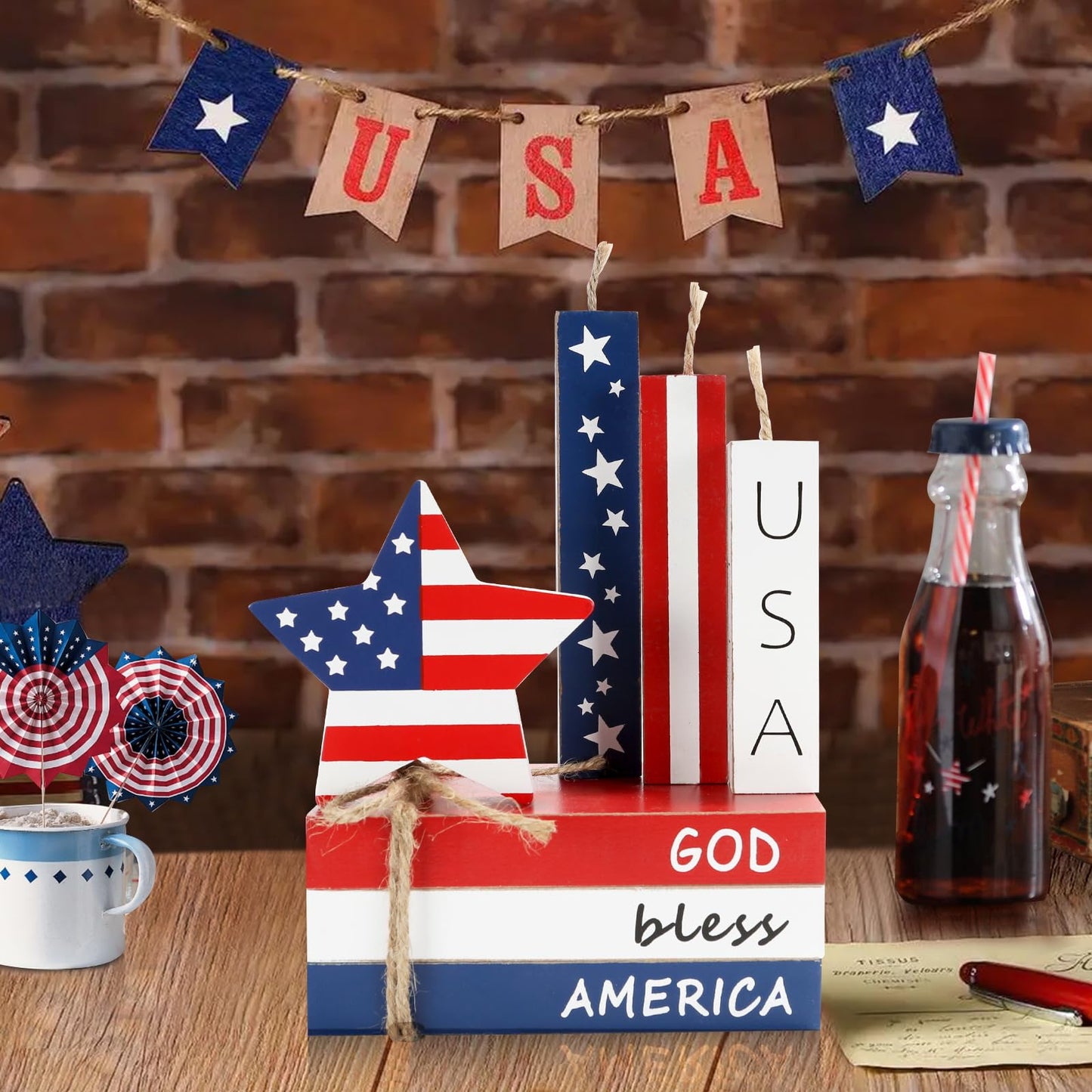 4th of July Decorations, 7 Pcs Patriotic Table Centerpieces Fourth of July Tabletop Decor Wood Faux Book Stack Star Sign Firecracker Farmhouse Decor for Tiered Tray Home Office Shelf Mantel