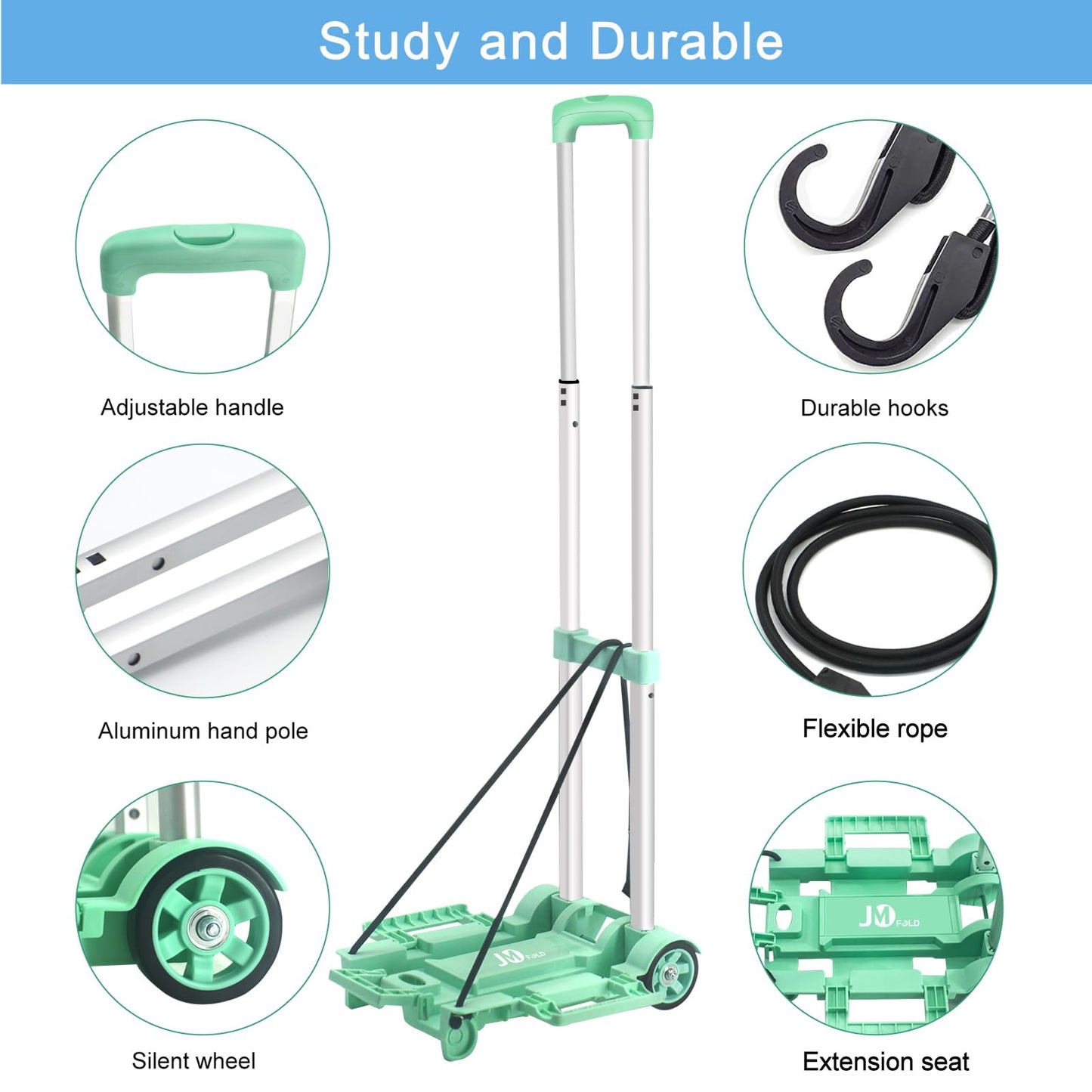 JMFOLD Folding Hand Truck 70 lbs，Small Dolly with 2 Wheels，Folding Luggage cart， Lightweight Aluminum Foldable Luggage Cart，for Airport,Travel,Moving and Office Use (Silver-Aluminum)