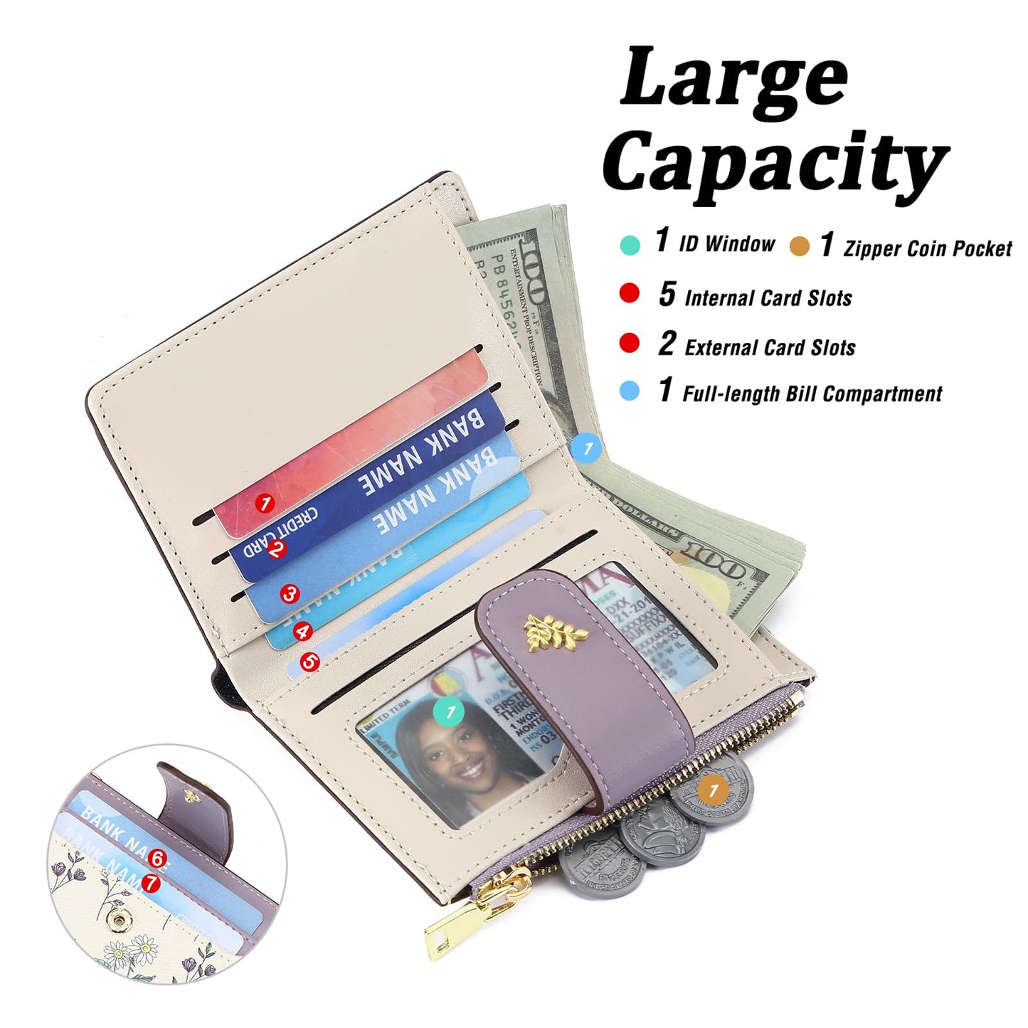 GAEKEAO Small Wallets for Women RFID Blocking Leather Bifold Zipper Pocket Wallet Credit Card Holder with ID Window